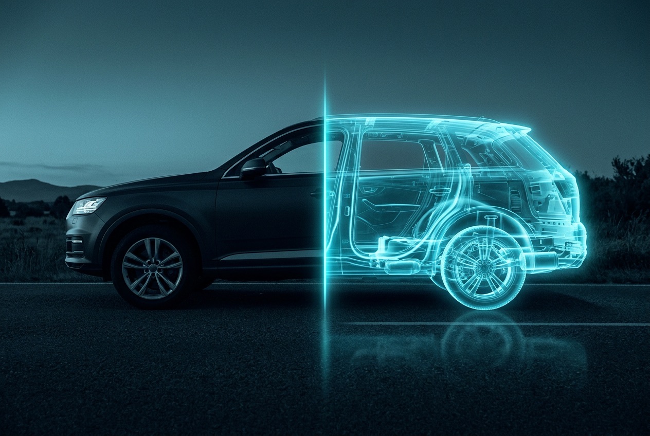A car half photographed, half shown as a glowing scan wireframe